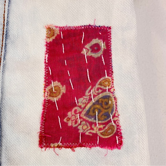 Pistola Boho Denim Distressed Vest Jacket Upcycled 3D Crochet Festival S/M - Picture 13 of 15